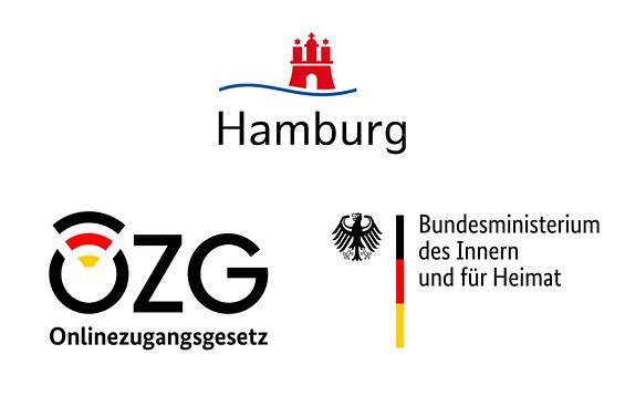 Logos der Onlinezugangsgesetzes, Hamburgs und des Bundesministerium des Innern und für Heimat